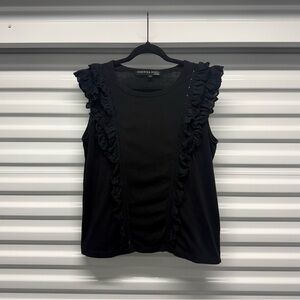 Veronica Beard Jeans Black Ruffle Trim Sleeveless Knit Top Large